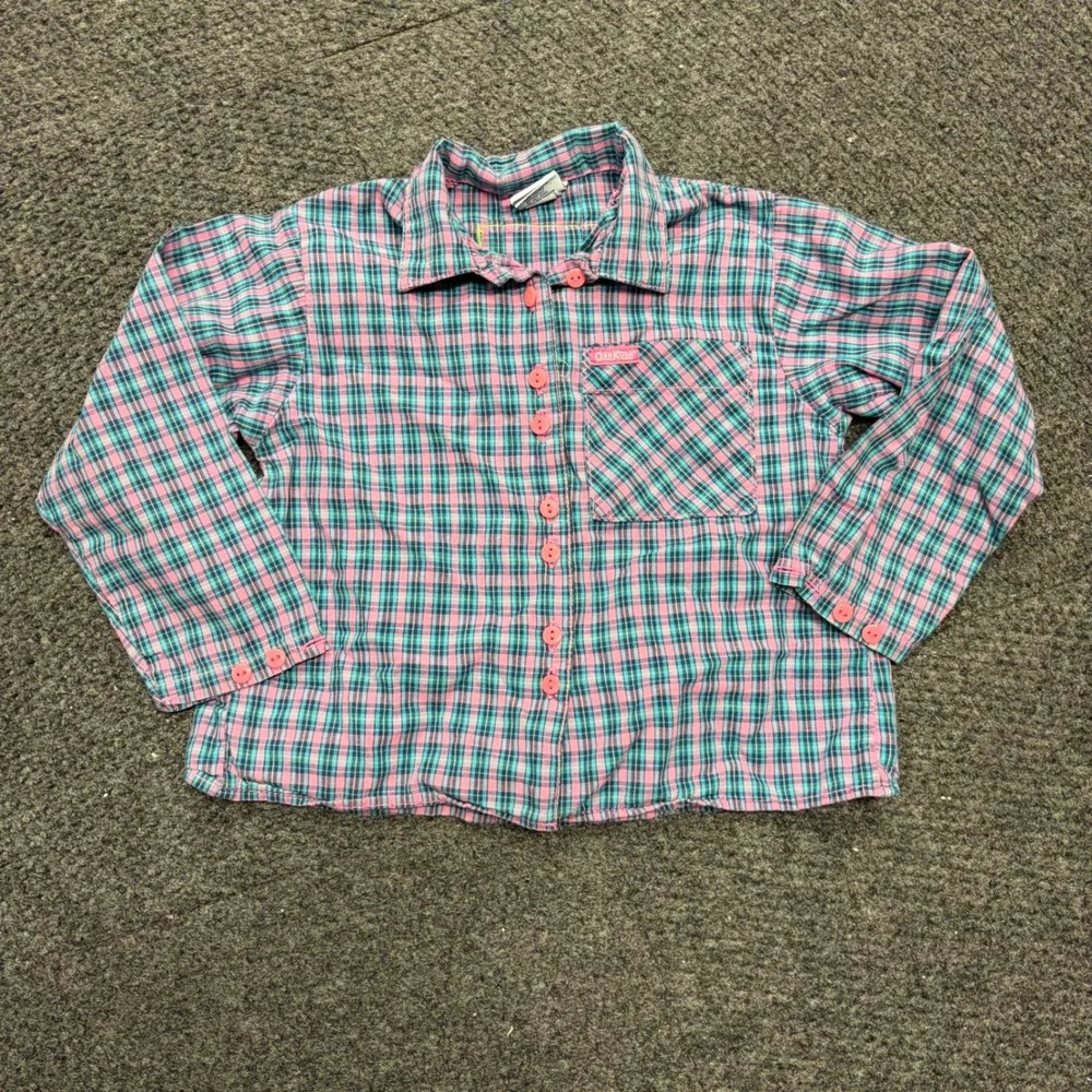 Vintage OshKosh Bgosh Girls Pink Teal Plaid Button Down Shirt Made in USA Size 5